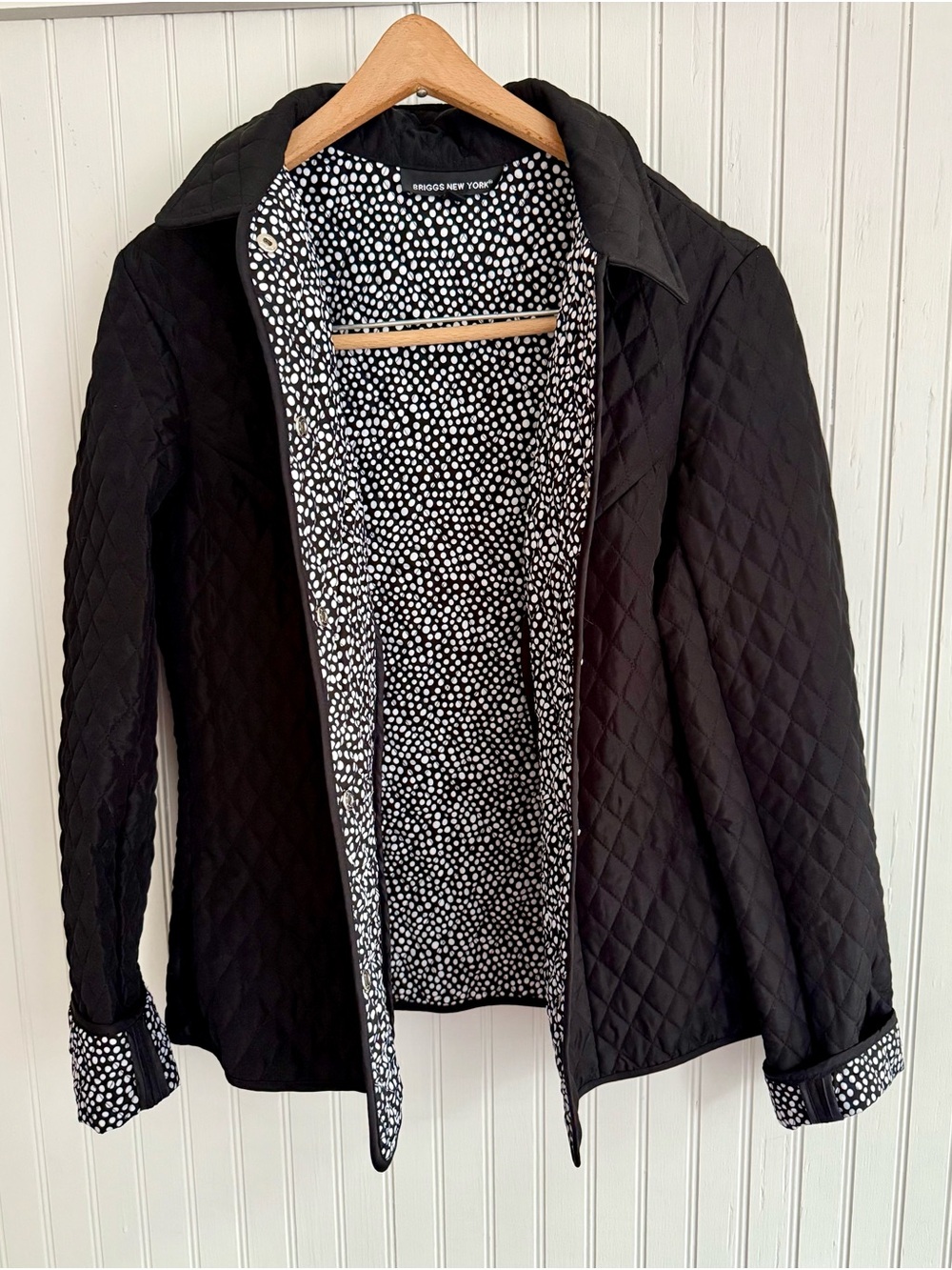 BRIGGS New York Black Quilted Jacket Size 8 with Dot Printed Lining